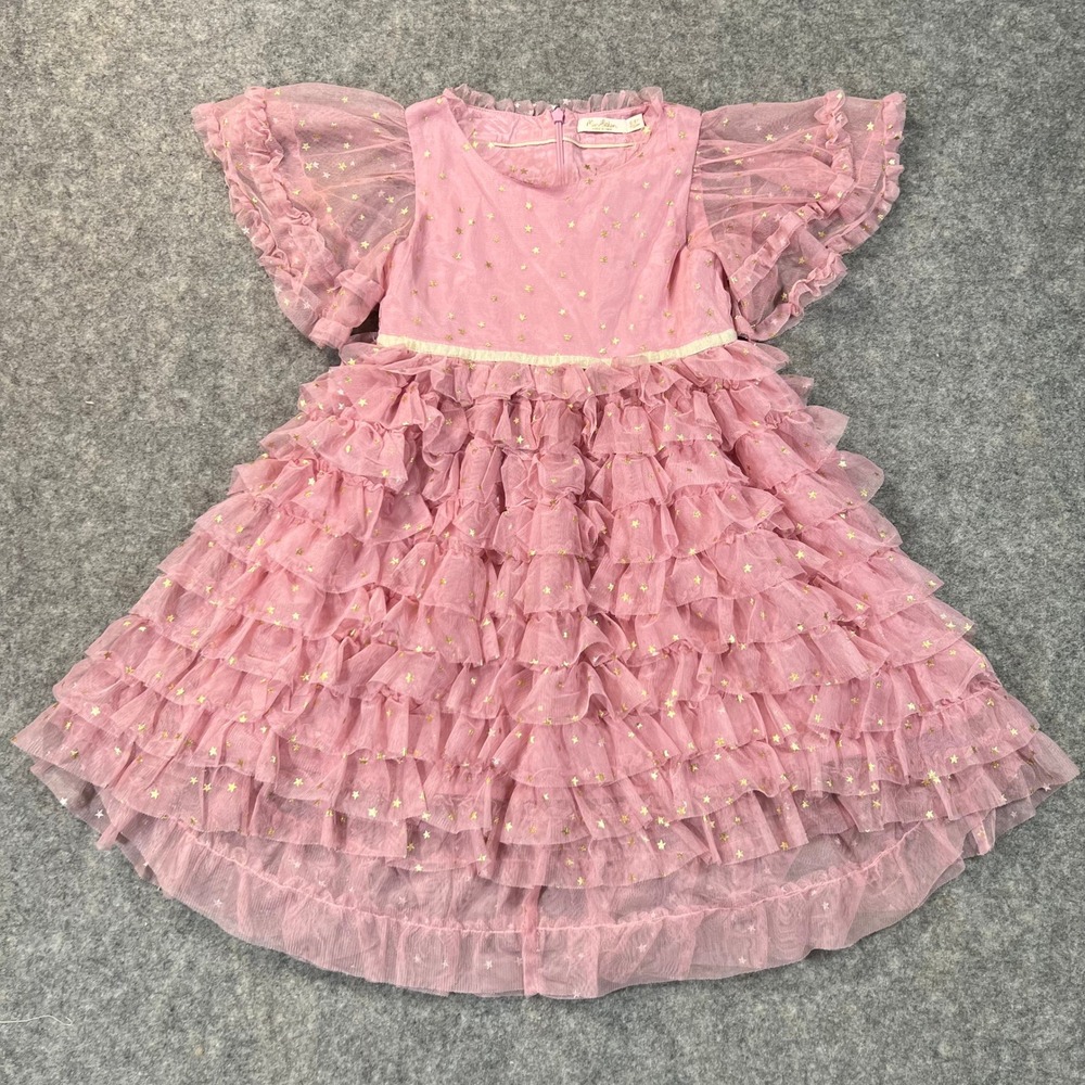 Mini Boden Dress Girls 5-6 Pink Tulle Gold Star Zip Ruffle Tiered Party Event